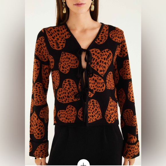 NWT Farm Rio Black Leopard Hearts Front Ties Knit Cardigan - Picture 2 of 13